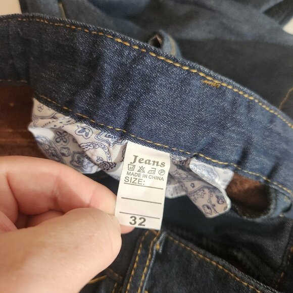 Fleece Lined Jeans Mens 32x30 Blue Dark Wash Denim Thermal Winter Straight Leg - Picture 15 of 16